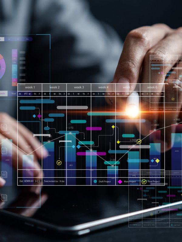 Analyst working with computer in Business Analytics and Data Management System to make report with KPI and metrics connected to database. Corporate strategy for finance, operations, sales, marketing.